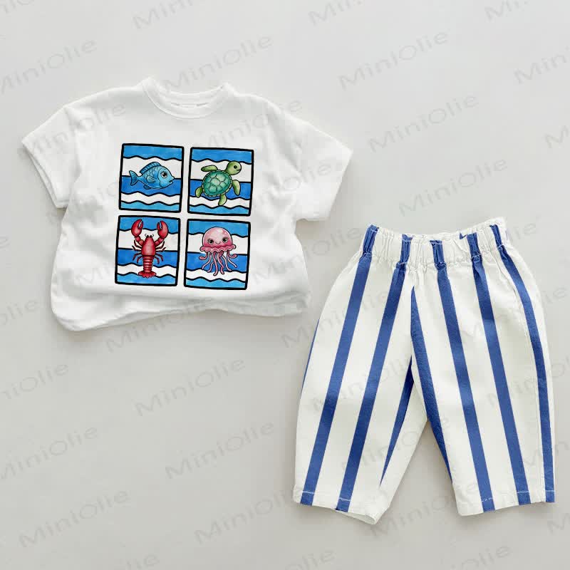 Baby Cartoon Marine Animals Blue Vertical Striped 2-piece Set - White&Blue - 2-3T - image 1