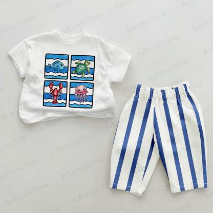 Baby Cartoon Marine Animals Blue Vertical Striped 2-piece Set - White&Blue - 2-3T - image 1