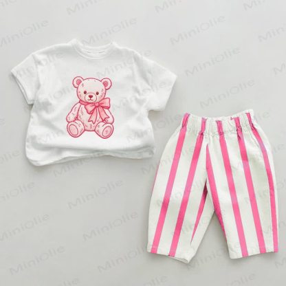 Baby Embroidered Bear Pink Sardines Vertical Striped 2-piece Set - White&Pink - 2-3T - image 1