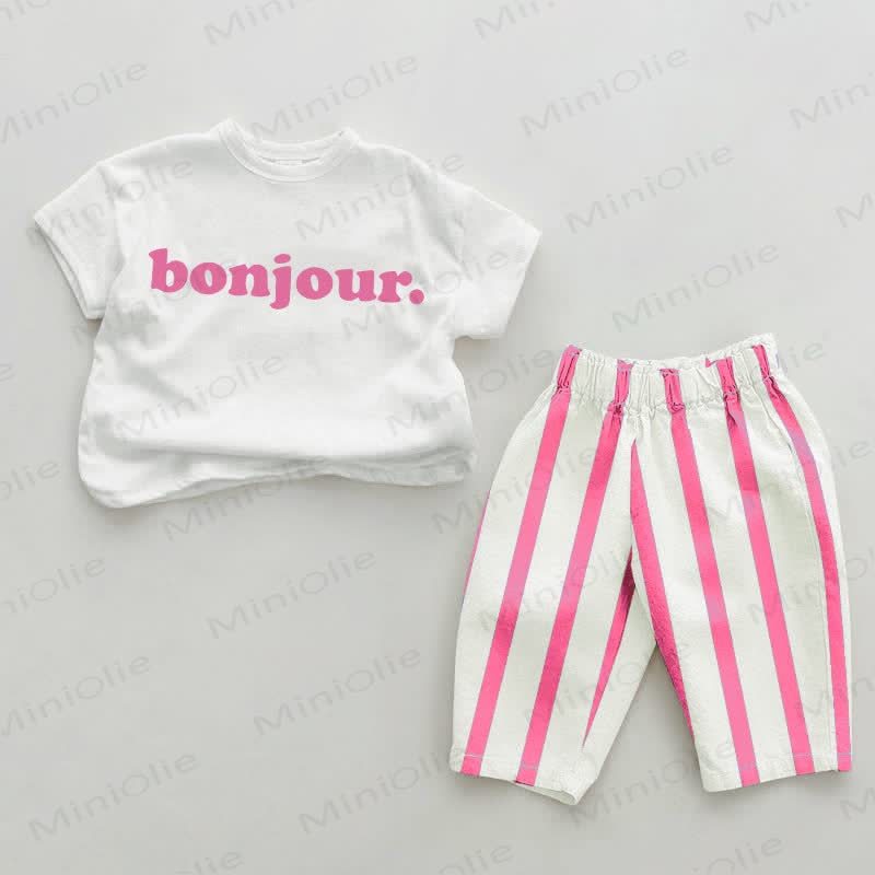 BONJOUR. Baby Pink Sardines Vertical Striped 2-piece Set - White&Pink - 2-3T - image 1