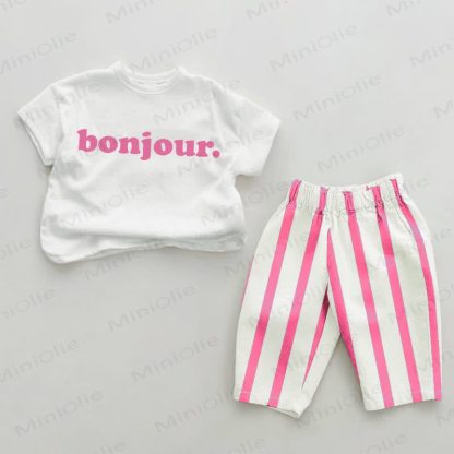 BONJOUR. Baby Pink Sardines Vertical Striped 2-piece Set - White&Pink - 2-3T - image 1