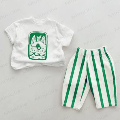 Baby Canned Sardines Green Vertical Striped 2-piece Set - White&Green - 2-3T - image 1