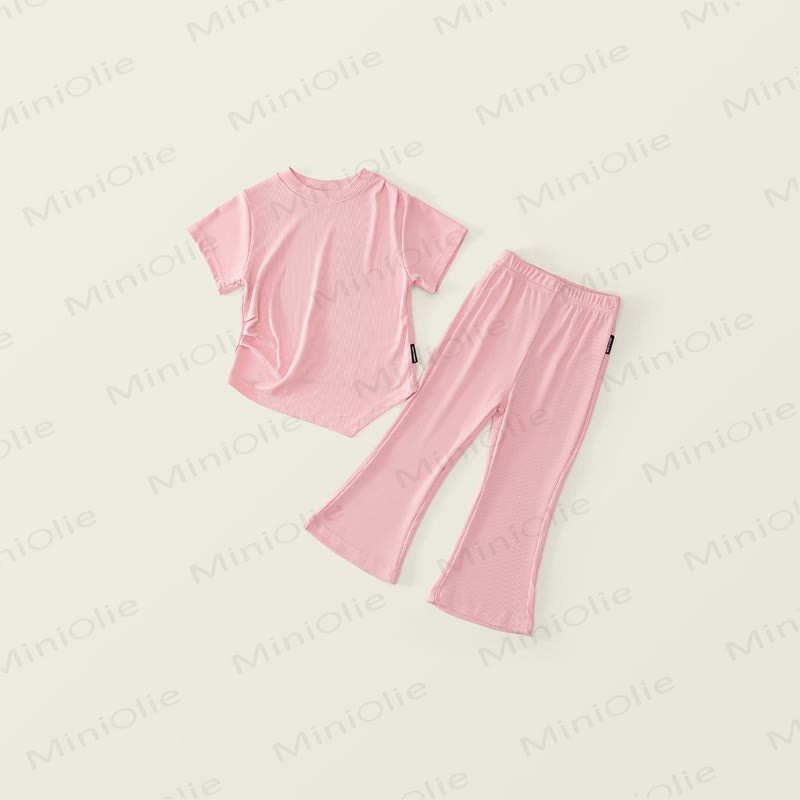 Toddler Knit Short-Sleeve Top and Flared Pants 2-piece Set - Pink - 10Y - image 1