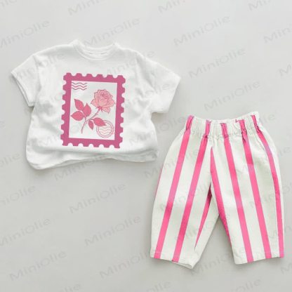 Baby Floral Stamp Pink Vertical Striped 2-piece Set - White&Pink - 2-3T - image 1