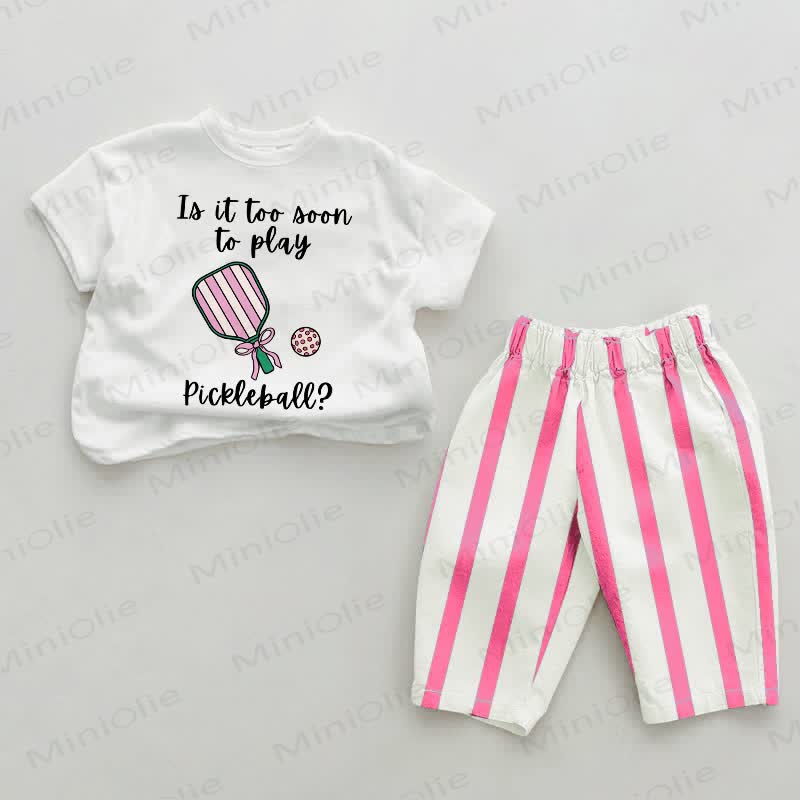 IS IT TOO SOON TO PLAY PICKLEBALL? Baby Pink Vertical Striped 2-piece Set - White&Pink - 2-3T - image 1