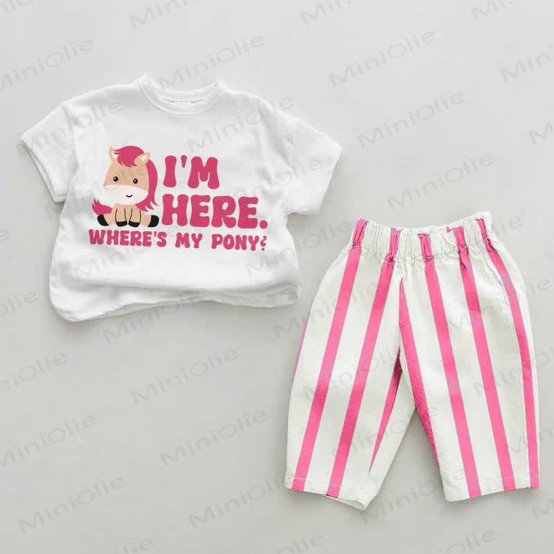 I'M HERE. WHERE'S MY PONY? Baby Pink Vertical Striped 2-piece Set - White&Pink - 2-3T - image 1
