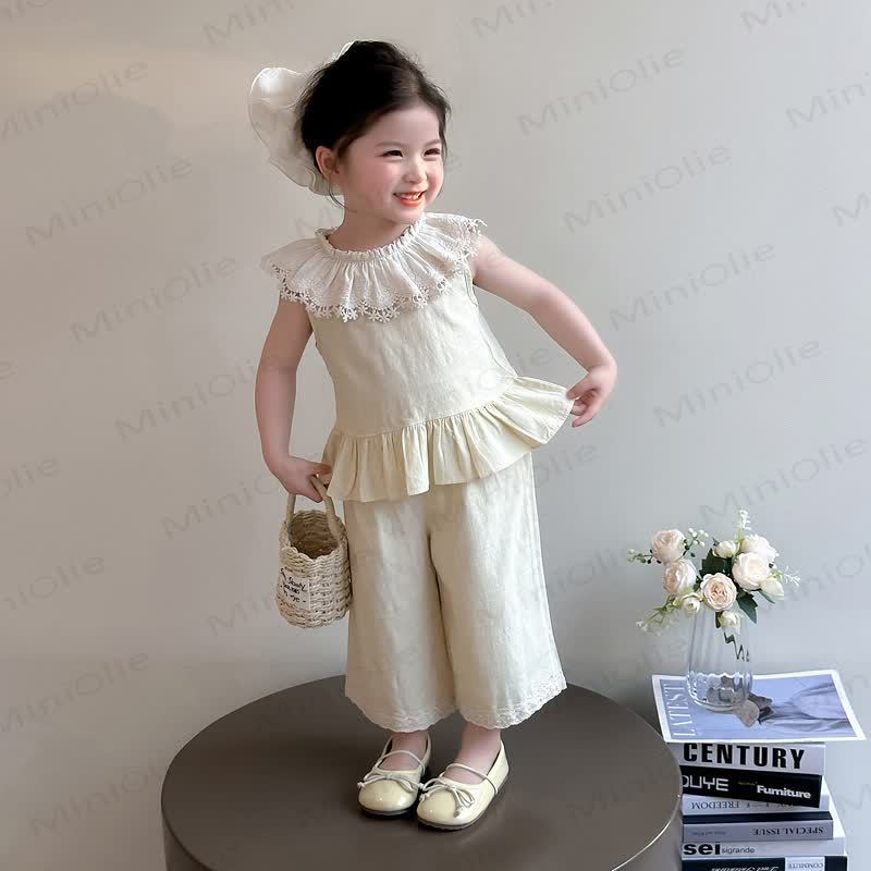 Toddler Girl Lace Tank and Pants Set - Beige - 6-7T