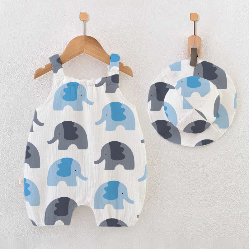Baby Blue & Grey Elephants Jumpsuit with Hat - White - 12-18M - image 1