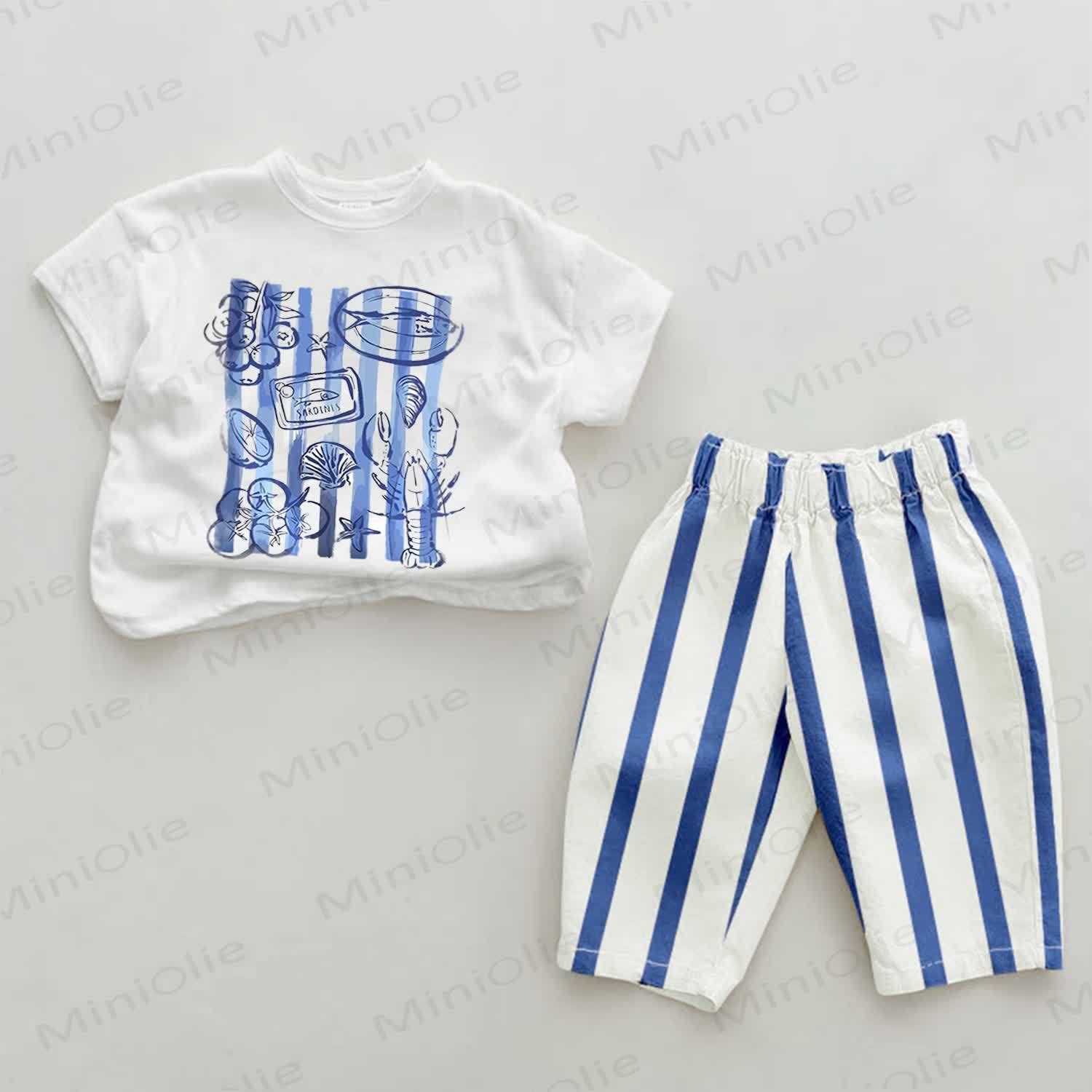 Baby Summer Food Feast Blue Striped Pants 2-piece Set - White&Blue - 2-3T - image 1