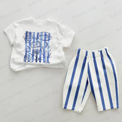 Baby Summer Food Feast Blue Striped Pants 2-piece Set - White&Blue - 2-3T - image 1