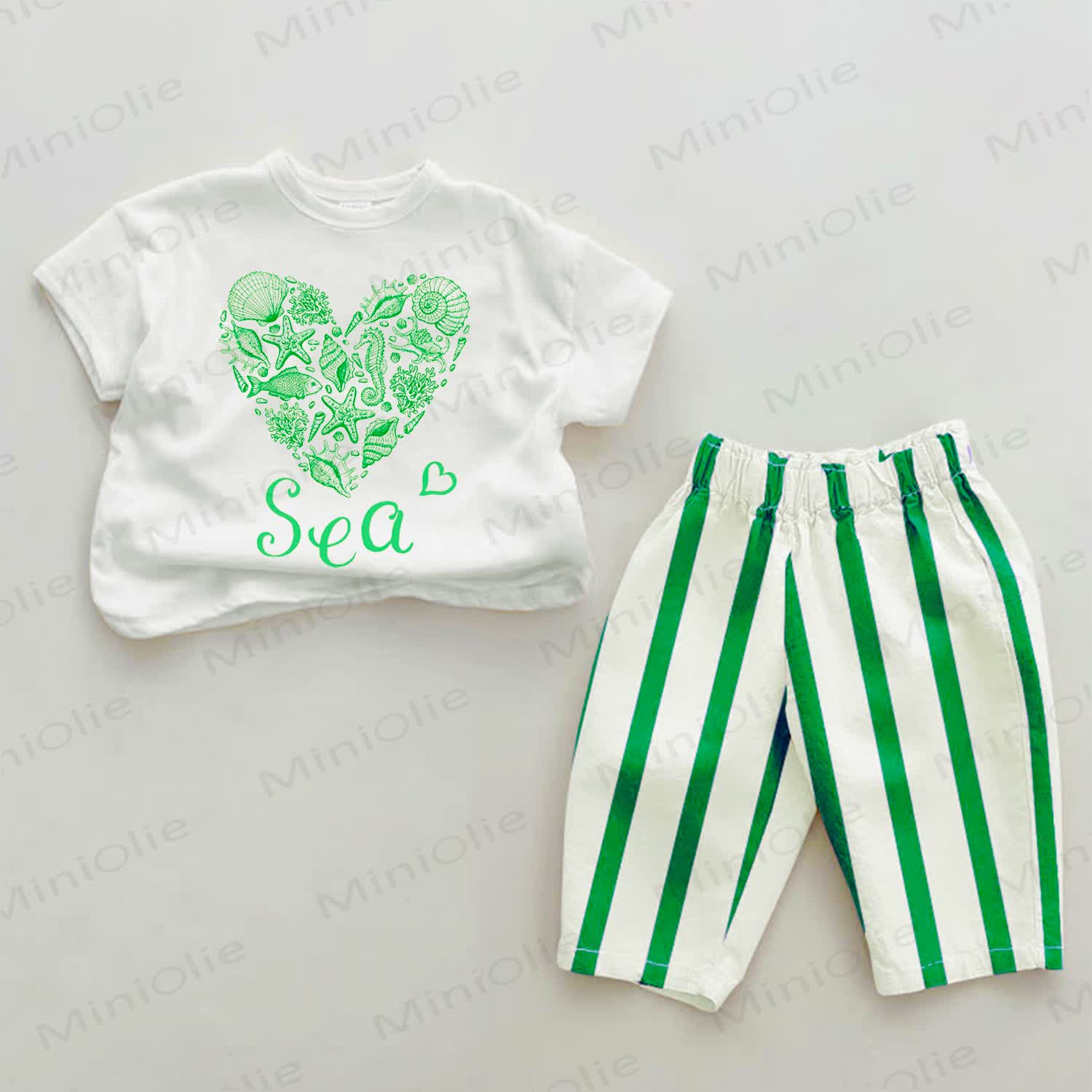 Baby Sea Life Love Green Striped Pants 2-piece Set - White&Green - 2-3T - image 1