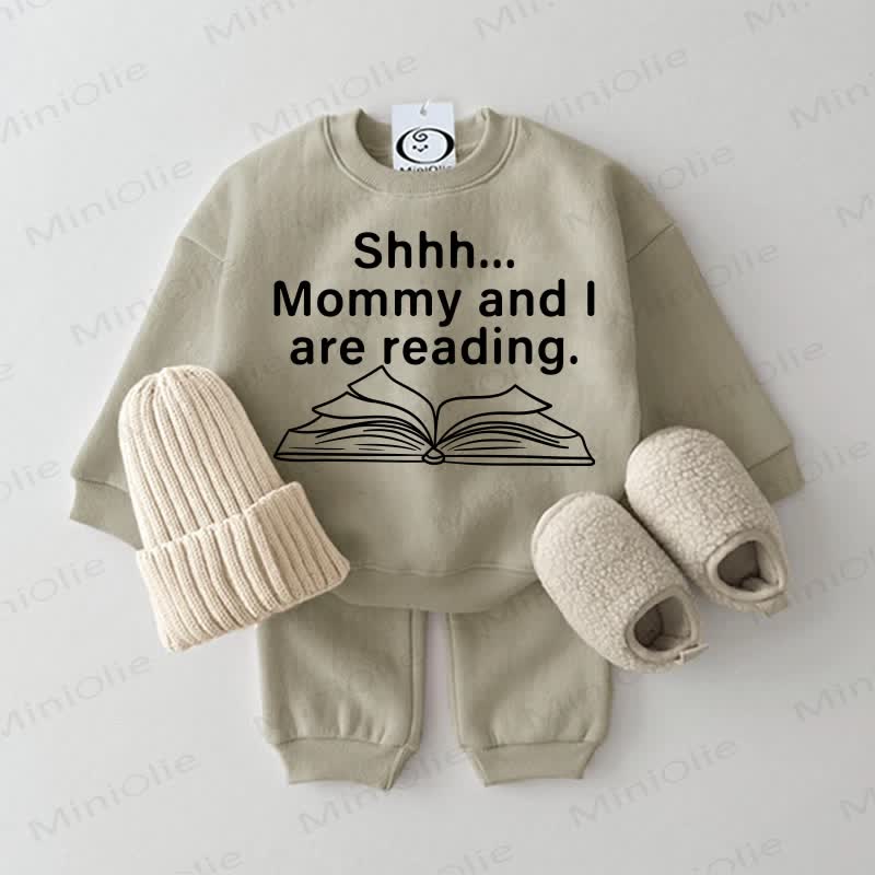 SHHH... MOMMY AND I ARE READING. Baby Sweatshirt 2-piece Grey Green Set - Grey Green - 2-3T - image 1