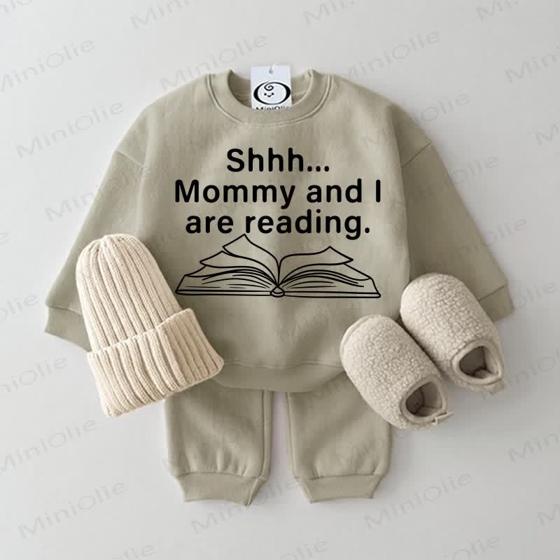 SHHH... MOMMY AND I ARE READING. Baby Sweatshirt 2-piece Grey Green Set - Grey Green - 2-3T - image 1