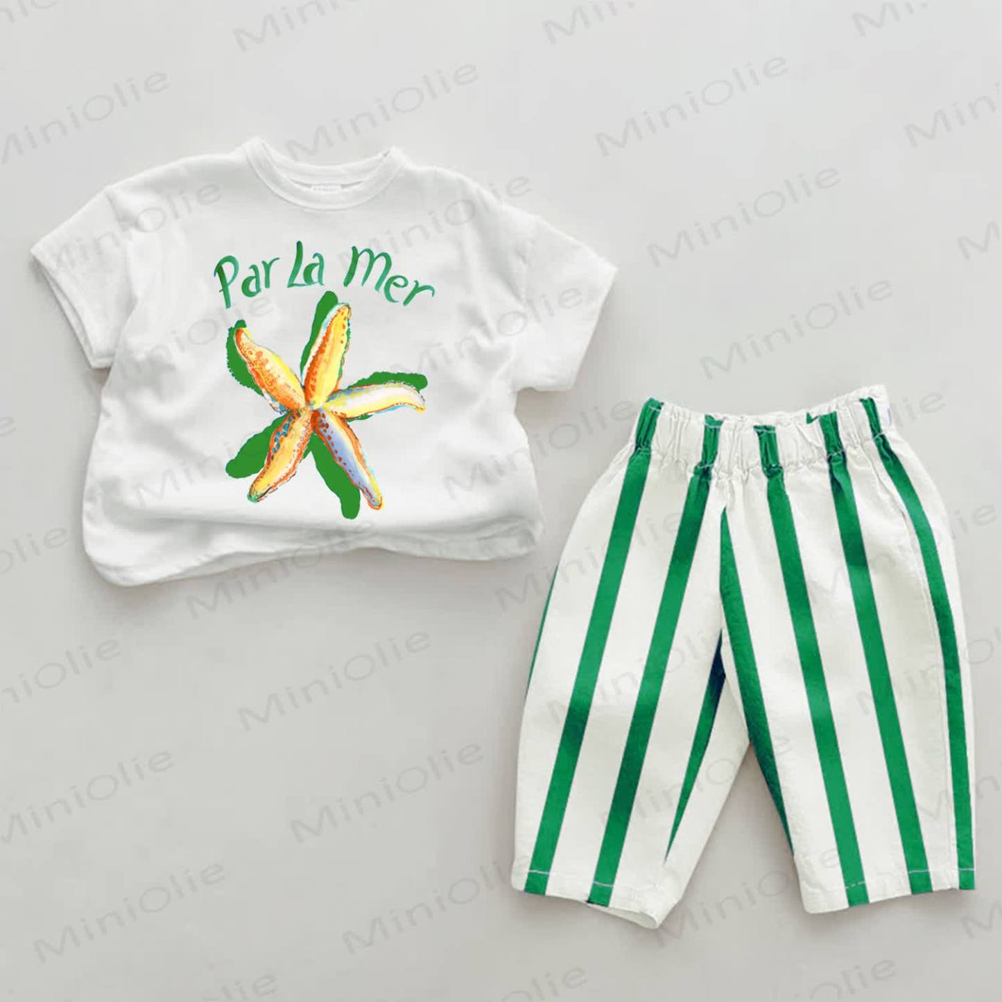 PAR LA MER Baby Starfish Green Striped Pants 2-piece Set - White&Green - 2-3T - image 1