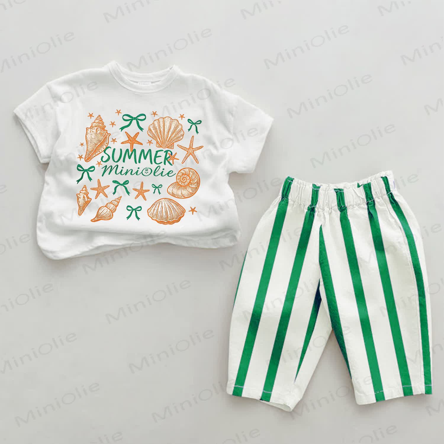 Baby Summer Sea Life Green Striped Pants 2-piece Set - White&Green - 2-3T - image 1