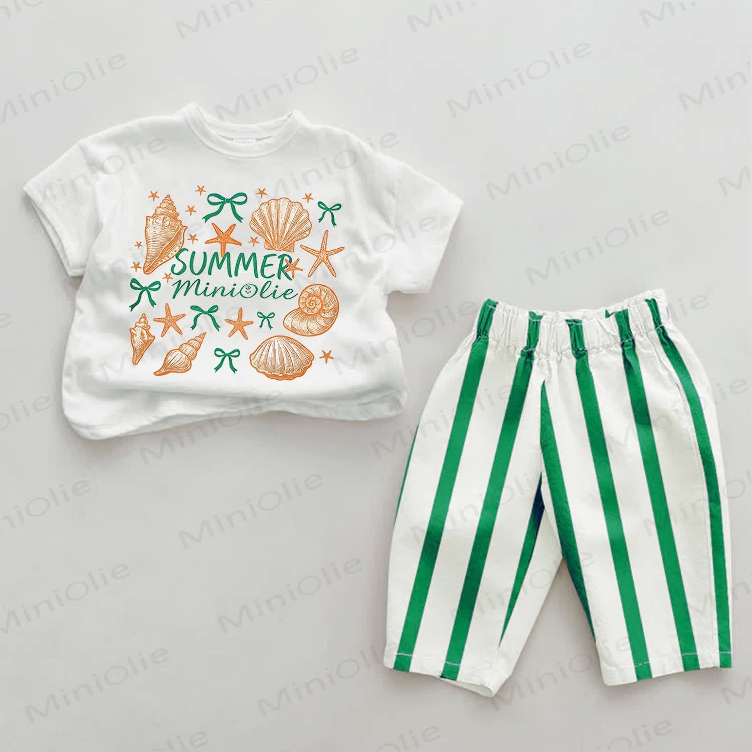 Baby Summer Sea Life Green Striped Pants 2-piece Set - White&Green - 2-3T - image 1