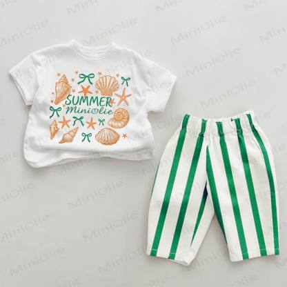 Baby Summer Sea Life Green Striped Pants 2-piece Set - White&Green - 2-3T - image 1