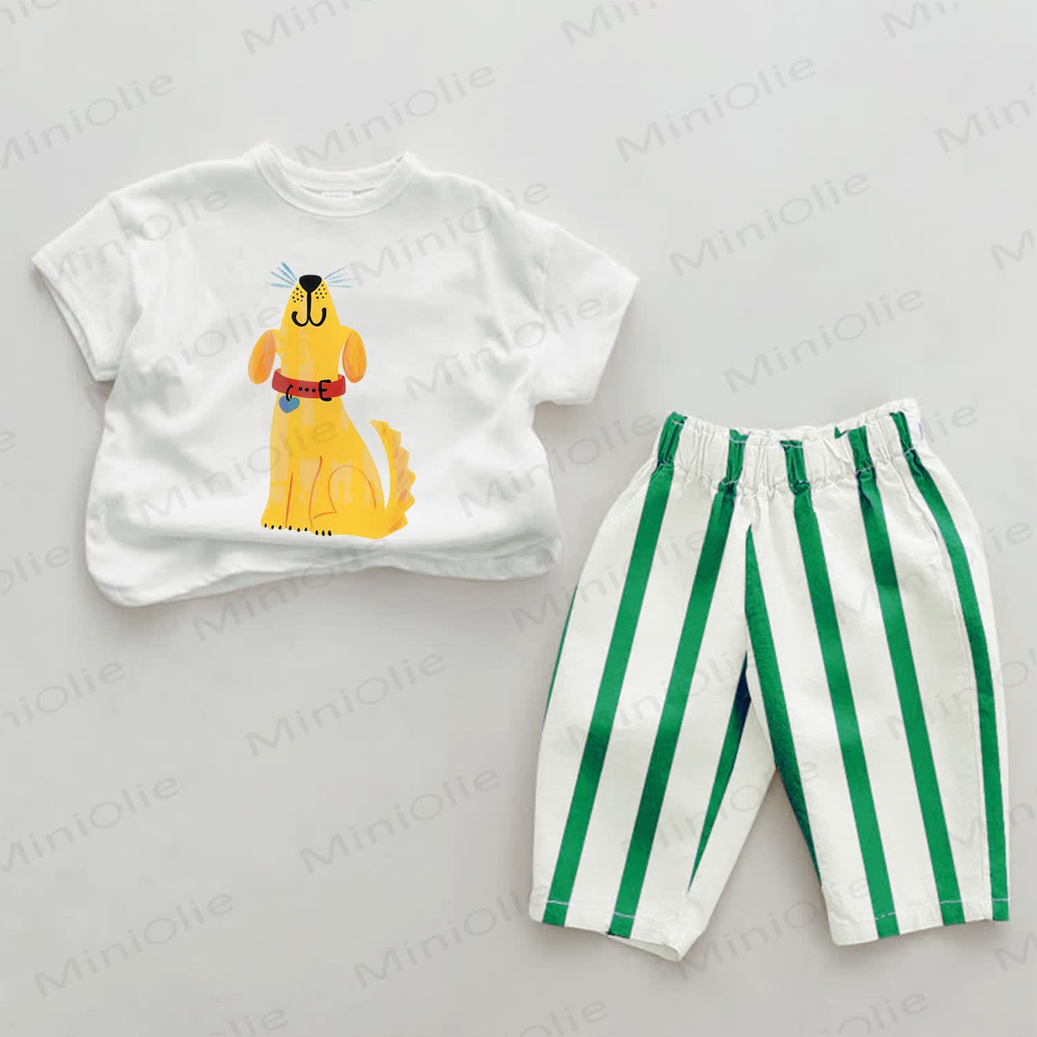Baby Yellow Dog Green Striped Pants 2-piece Set - White&Green - 2-3T - image 1