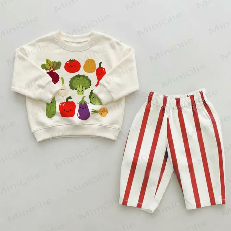 Baby Toddler Cute Vegetables Red Striped Pants 2-piece Set - Beige&Red - 2-3T - image 1