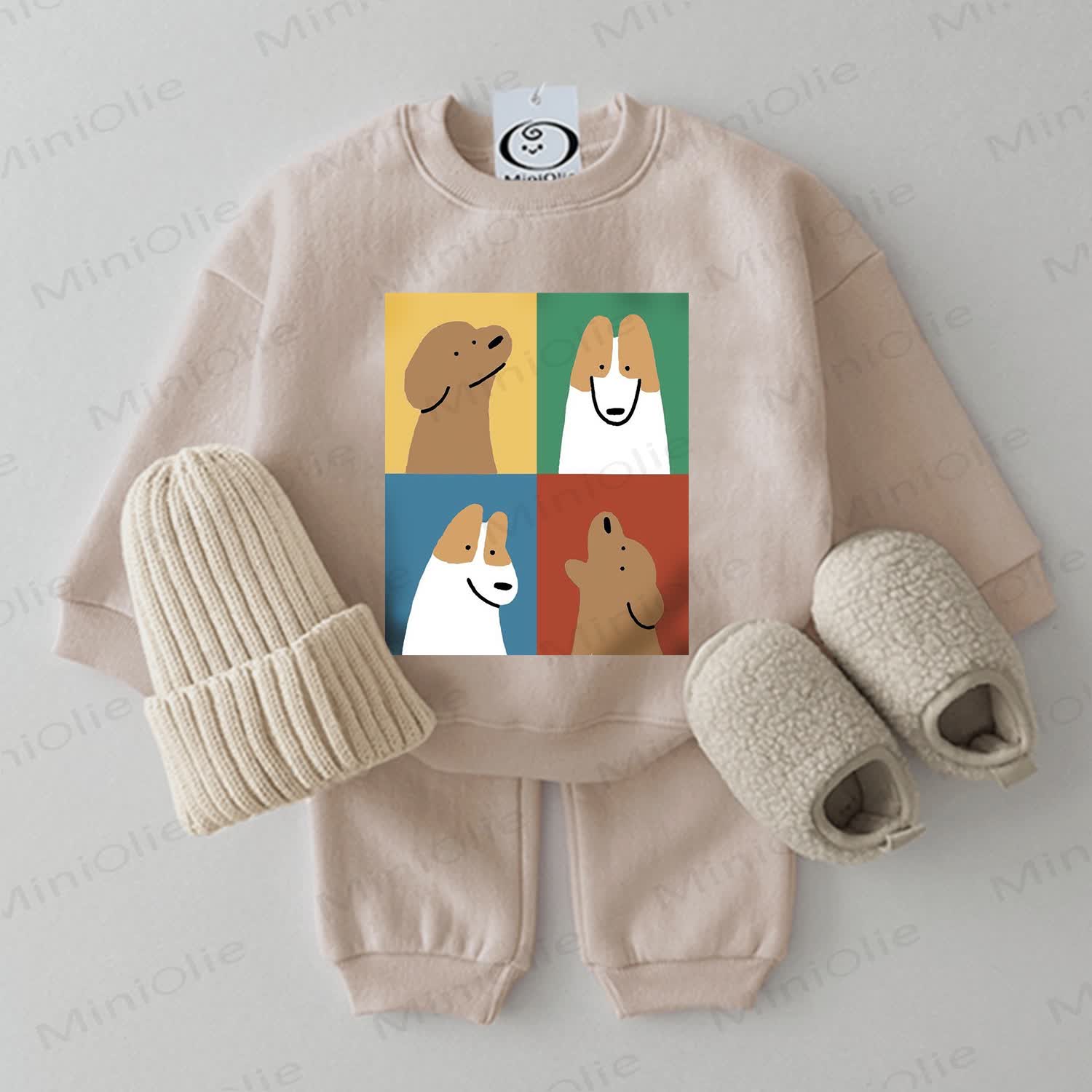 Baby Four-grid Puppy Painting Beige 2-piece Set - Beige - 2-3T - image 1