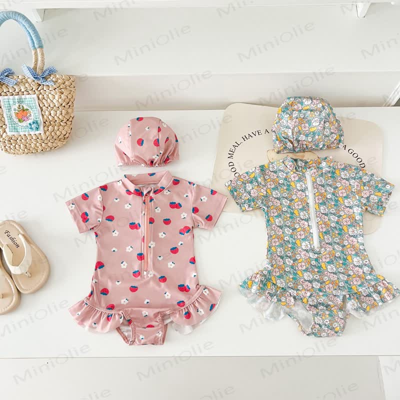 Toddler Girl Strawberry/Floral Zip Swimsuit with Hat - image 2
