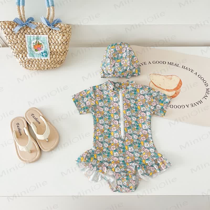 Toddler Girl Strawberry/Floral Zip Swimsuit with Hat - Green - 4-5T - image 9