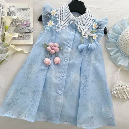 Toddler Flower Lace Collar Blue Dress with Hat - image 2