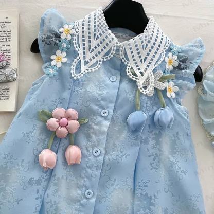 Toddler Flower Lace Collar Blue Dress with Hat - image 3