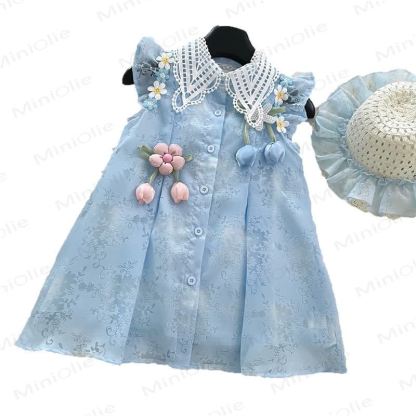 Toddler Flower Lace Collar Blue Dress with Hat - image 5