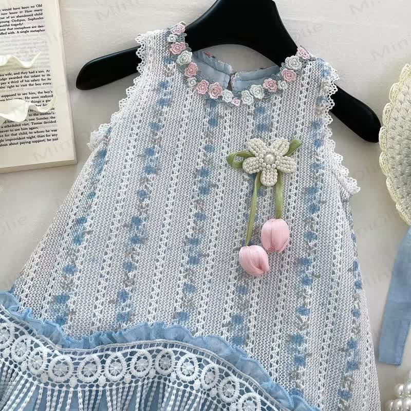 Toddler Flower Lace Blue Dress with Hat - image 2
