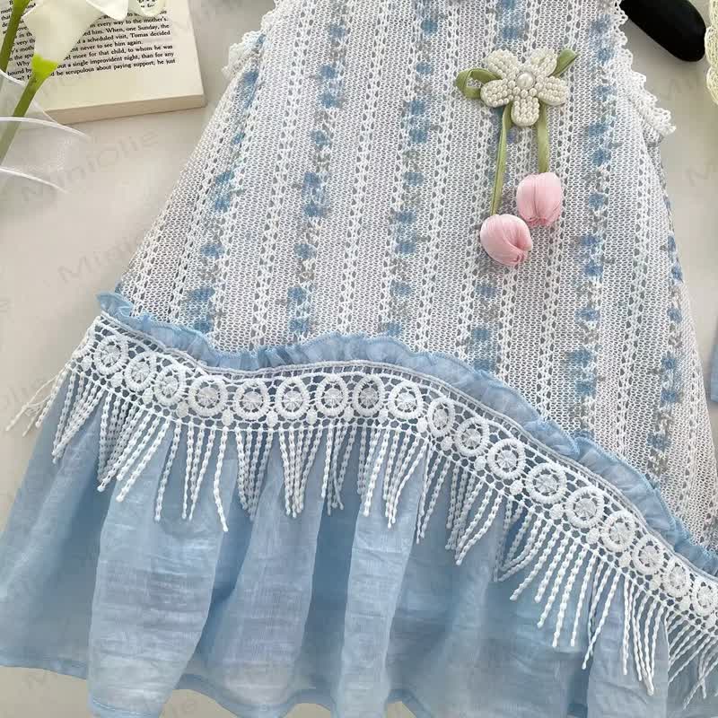 Toddler Flower Lace Blue Dress with Hat - image 3