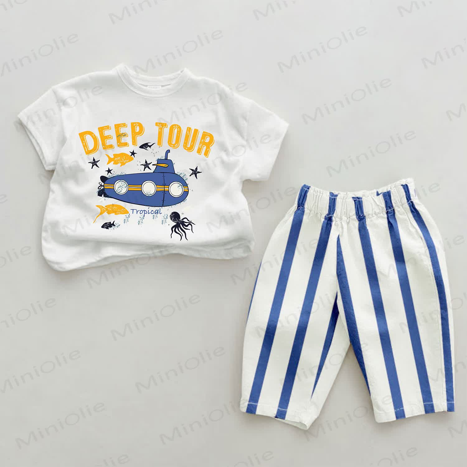 DEEP TOUR Baby Blue Submarine Striped Pants 2-piece Set - White&Blue - 2-3T - image 1