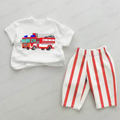 Baby Fire Truck Red Vertical Striped 2-piece Set - White&Red - 2-3T - image 1