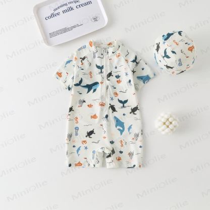Toddler Boy Whale Turtle Swimsuit with Hat - Beige - 6-7T - image 1