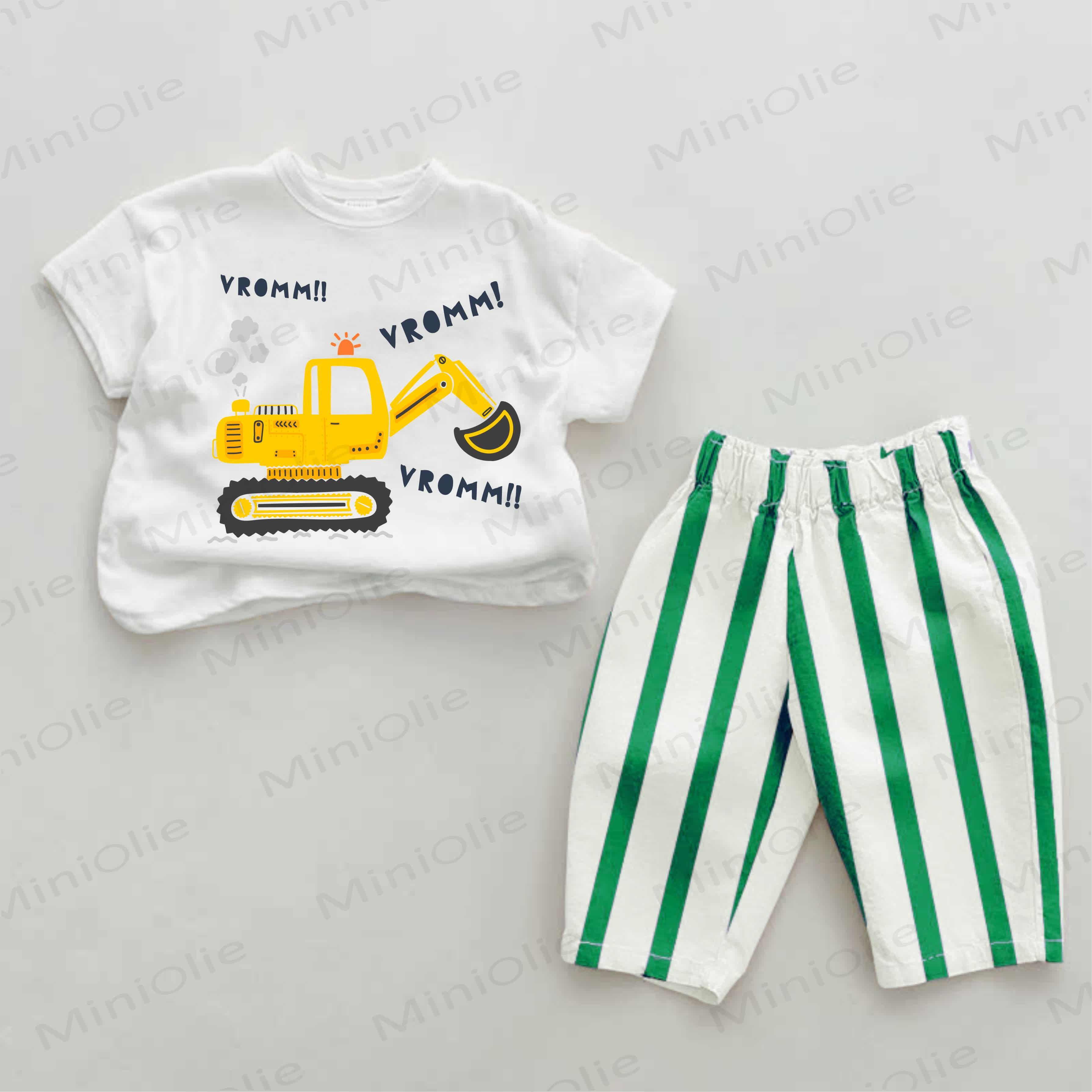 VROMM VROMM Excavator Baby Green Striped Pants 2-piece Set - White&Green - 2-3T - image 1