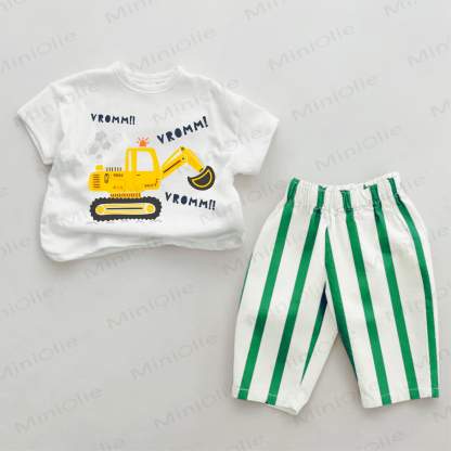 VROMM VROMM Excavator Baby Green Striped Pants 2-piece Set - White&Green - 2-3T - image 1