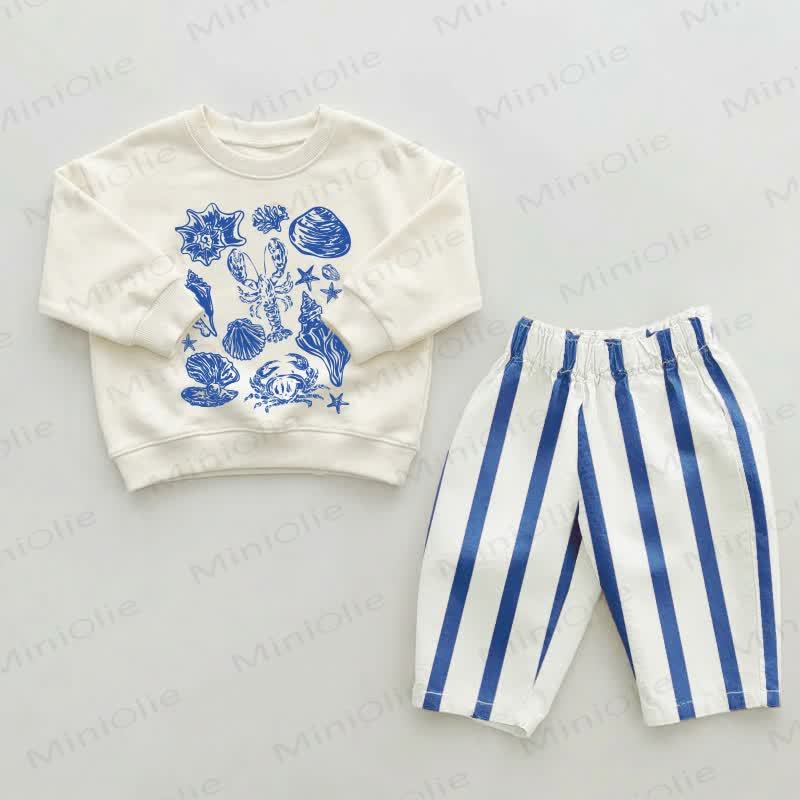 Baby Toddler Shells & Lobster & Crab Blue Striped Pants 2-piece Set - Beige&Blue - 2-3T - image 1