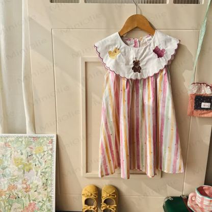 Toddler Girl Bear Watercolor Striped Dress - image 3