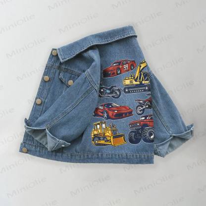 Toddler Kid Vehicles Excavator Racing Car Denim Jacket - Blue - 10-11T - image 1