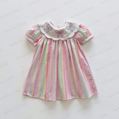 Toddler Girl Bow Collar Striped Dress - Pink - 8-9T - image 3