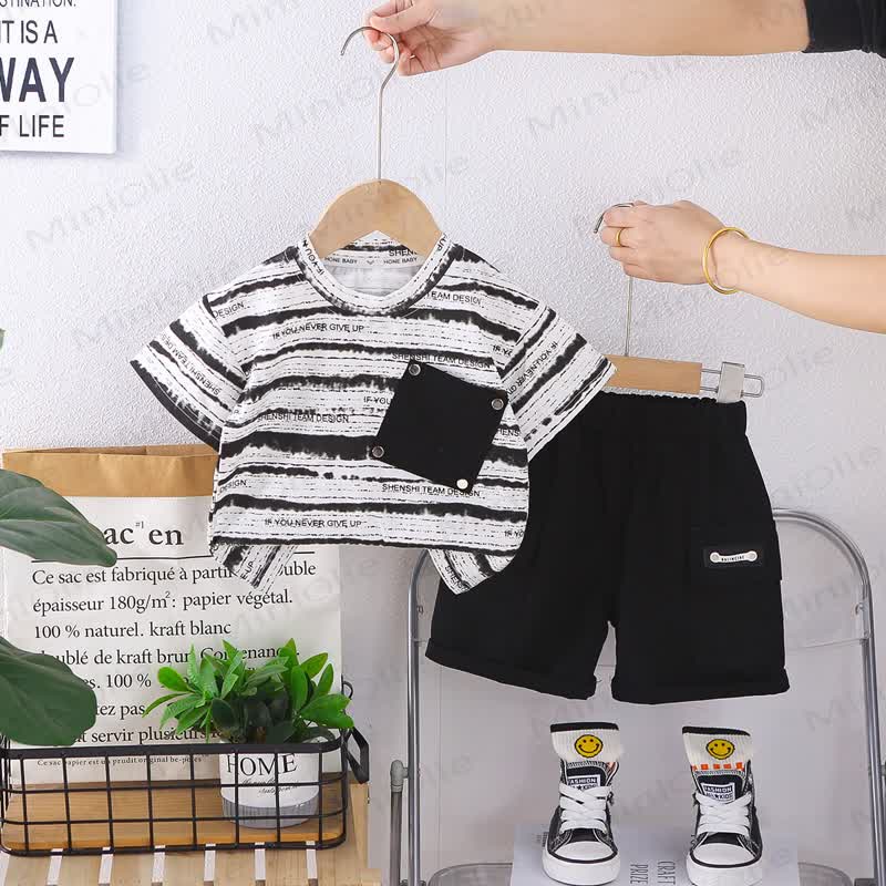 Toddler Striped Pocket Tee and Shorts Set - Black - 4-5T - image 15