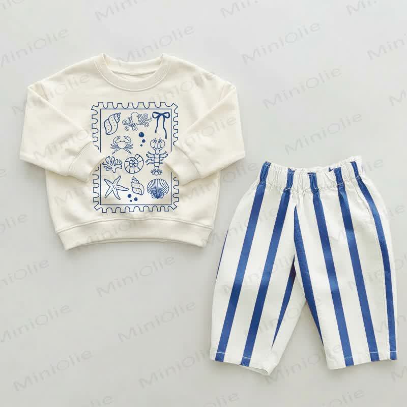 Baby Toddler Ocean Shells Blue Striped Pants 2-piece Set - Beige&Blue - 2-3T - image 1