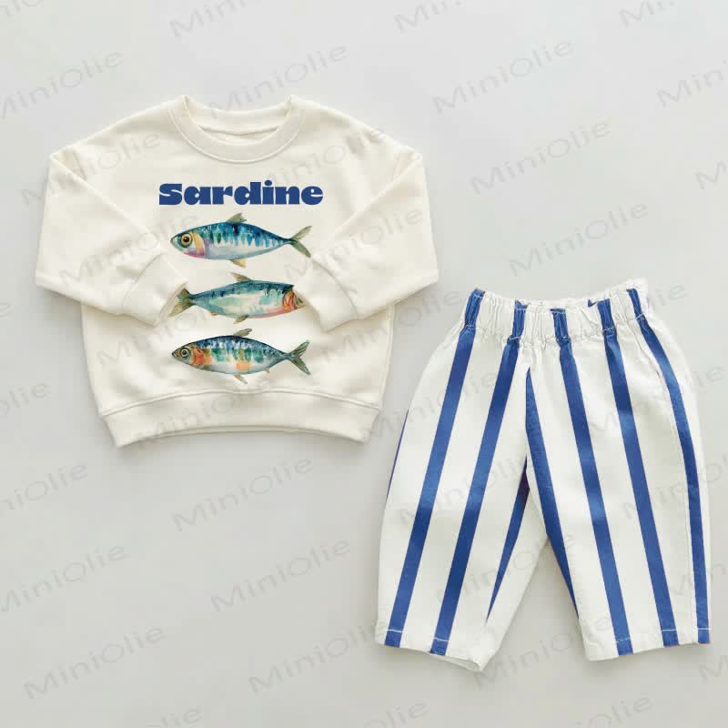 Baby Toddler Sardines Blue Striped Pants 2-piece Set - Beige&Blue - 2-3T - image 1