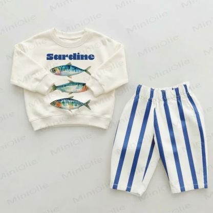 Baby Toddler Sardines Blue Striped Pants 2-piece Set - Beige&Blue - 2-3T - image 1