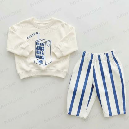 HOLD MY JUICE BOX & WATCH THIS Baby Toddler Blue Striped Pants 2-piece Set - Beige&Blue - 2-3T - image 1