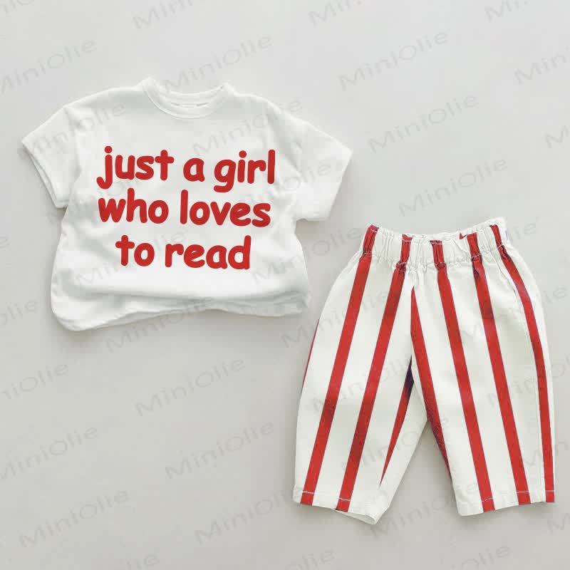 JUST A GIRL WHO LOVES TO READ Baby Toddler Red Striped Pants 2-piece Set - Beige&Red - 2-3T - image 1