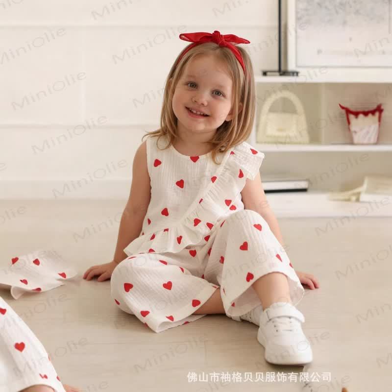 Baby Heart Print Ruffle Cotton Dress Set - White - 2-3T - image 1