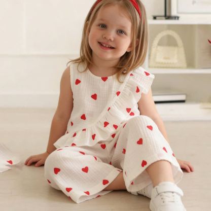 Baby Heart Print Ruffle Cotton Dress Set - White - 2-3T - image 1