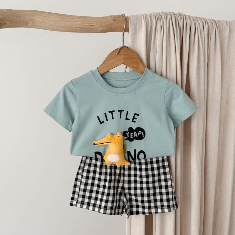 LITTLE DINO Toddler Tee and Plaid Shorts Set - Light Green - 4-5T - image 3