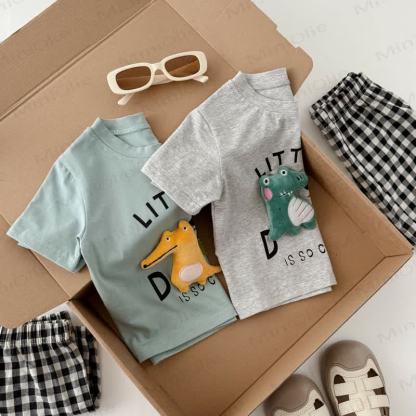 LITTLE DINO Toddler Tee and Plaid Shorts Set - image 5